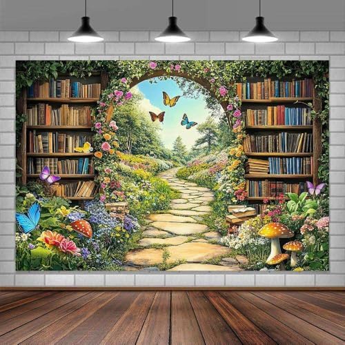 Enchanted Forest Fairy Library Backdrop, Spring Woodland Bookshelf Tea Party Photography Background, Green Floral Plant Birthday Party Decorations Baby Shower Banner Photo Booth Props 6X4FT - Image 5