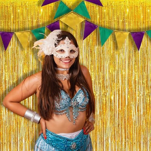 BRAVESHINE Gold Foil Fringe Curtains - 2Pcs 3.2x8.2ft Tinsel Photo Backdrop - Image 4