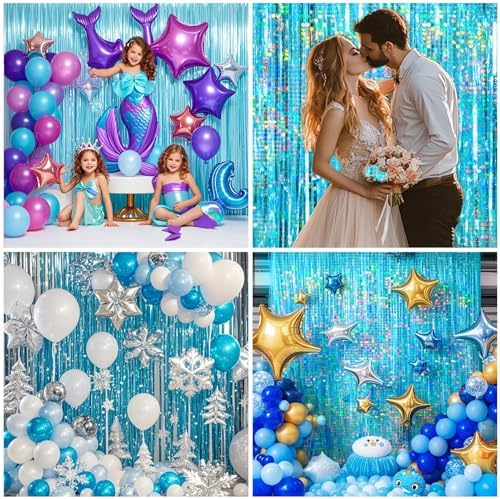 4 Packs Blue Foil Fringe Curtain, Light Blue Glitter Metallic Tinsel Backdrop for Birthday, Wedding, Baby Shower, Bachelorette, Ocean, Princess Party Decorations Supplies - Image 5