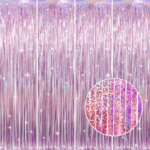 GOER 3.2 ft x 9.8 ft Metallic Tinsel Foil Fringe Curtains Party Photo Backdrop Party Streamers for Birthday,Graduation,New Year Eve Decorations Wedding Decor(4 Packs,Laser Pink) by GOER