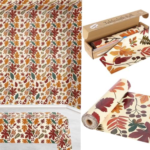 100FT x 54IN Thanksgiving Plastic Tablecloth Roll with Slide Cutter Box by COSINIA