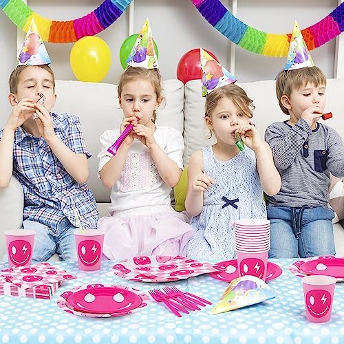 durony 144 Pieces Preppy Birthday Decorations Pink Smile Face Tableware Set Preppy Smile Plates Cups Napkin and Forks for Bachelorette Smiley Face Birthday Party Supplies - Image 6