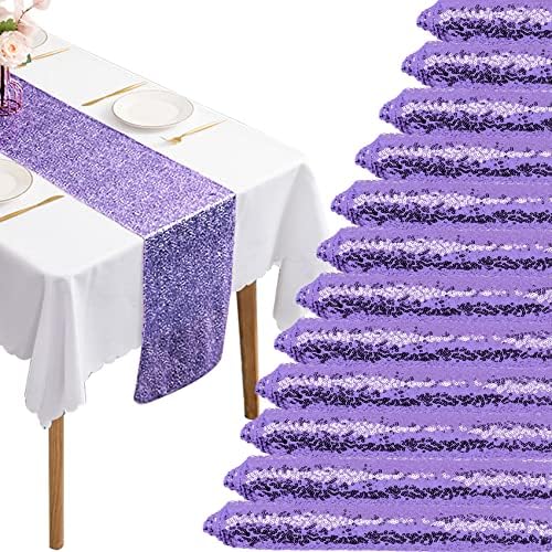12 Packs Sequin Table Runner Glitter Dining Table Runner for Birthday Wedding Engagement Bridal Baby Shower Bachelorette Holiday Celebration Party Supplies Decorations (12" x 108", Lavender) by Fivenl