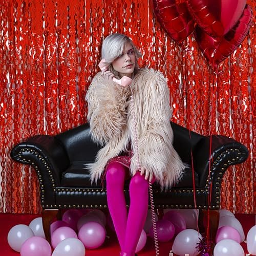 BOMSI Red Tinsel Foil Fringe Curtains Wavy Backdrop for Parties Sparkle Metallic Wavy Foil Fringe Backdrop Curtain for Party Decorations Photo Booth Props Birthday Graduation Wedding Valentines Decor - Image 3