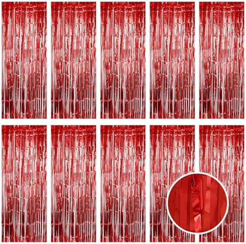 10 Pack Red Foil Curtain Backdrop 3.2ft x 9.8ft Metallic Tinsel Foil Fringe Curtains Streamer Photo Booth Backdrop for Birthday Party Engagement Bachelorette Party Decorations (Red) by Ohiyoo