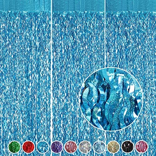 CYLMFC 3 Pack 3.3 ft x 6.6 ft Teal Foil Fringe Curtains - Sparkle Metallic Curtains Party Decorations Photo Booth Decorations Party Supplier by CYLMFC