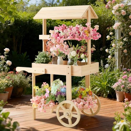 Flower Cart Display Stand with Wheels, 3-Tier Wooden Candy Cart for Party, Dessert Cart with Canopy Roof for Weddings, Bridal Shower, Baby Shower, Market & Event Decor (wood) by Sicrifety