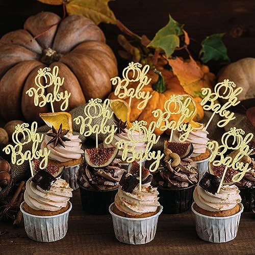 24Pcs Pumpkin Oh Baby Cupcake Toppers Glitter Fall Theme Pumpkin Cupcake Picks Baby Shower Cake Decorations for Pumpkin Theme Gender Reveal Kids Birthday Party Supplies Gold - Image 7