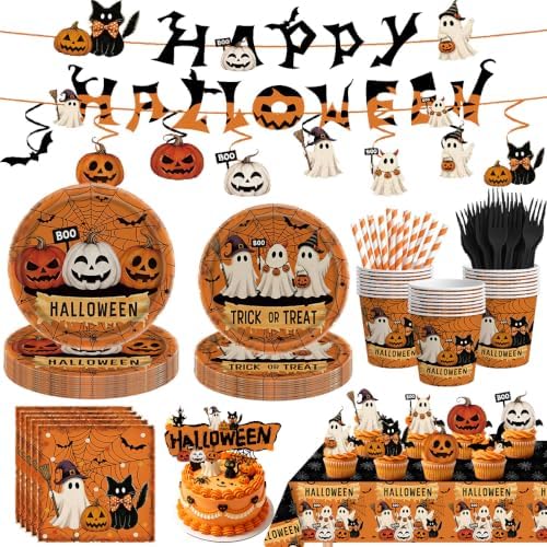 139Pcs Halloween Party Supplies Dinnerware Decorations -Tablecloth, Paper Plates, Cups, Straw, Napkins, Cutlery - Horror Halloween Birthday Party Decorations Tableware Serves 20 Guests by Tonytaparty