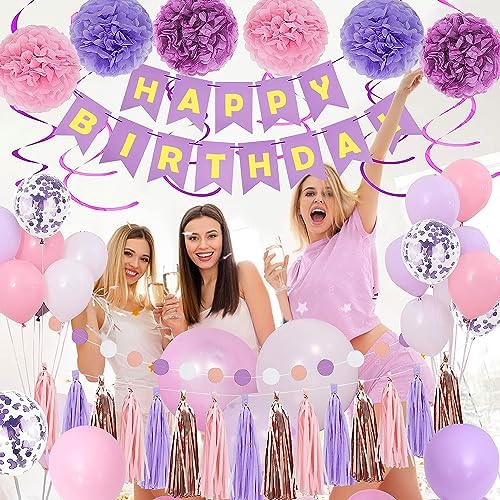 Purple Pink Birthday Party Decorations for Women Girls with Happy Birthday Banner,Hanging Swirls,Tissue Paper Pompoms,Circle Dots Garland,Tassel Garland Purple Balloons - Image 3