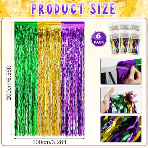 6 Pack 3.3Ft x 6.6Ft Mardi Gras Wavy Foil Fringe Curtain Backdrop Decorations, Purple Gold Green Metallic Tinsel Foil Streamers Curtain Photo Background for Mardi Gras Carnival Wedding Birthday Party - Image 3