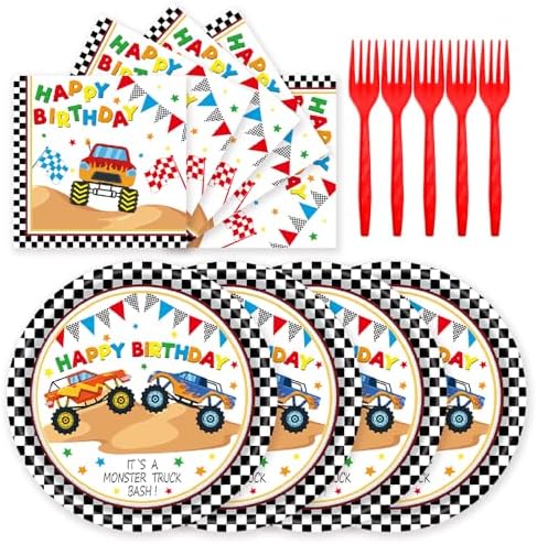 72Pcs Racing Car Party Plates and Napkins Monster Truck Birthday Party Supplies Disposable Checkered Race Tableware Set for Boys Birthday Wheel Sports Baby Shower Decorations Serves 24 by Unknown