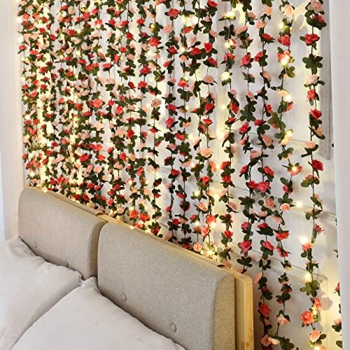 5 Pcs 41Ft Flower Garland with Lights, Pink Floral Garland Rose Vines - Image 4