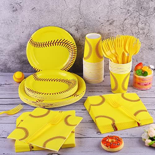 durony 144 Pieces Softball Paper Plates and Napkins Dinnerware Set Softball Birthday Party Tableware Supplies Includes Paper Plates Napkins Forks Serve 24 for Sports Party Supplies - Image 5