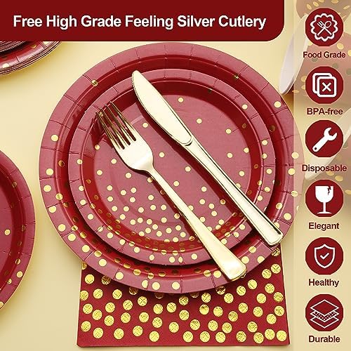 175 PCS Burgundy and Gold Party Supplies - Burgundy Plates and Napkins Sets Serve 25 Guests - Maroon and Gold Paper Plates for Birthday Wedding Graduation Holiday Party Decorations - Image 3
