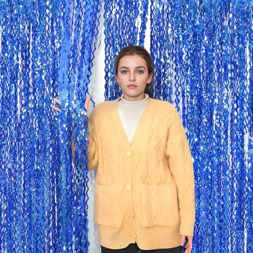 4 Pack 3.3 ft x 6.6 Wavy Sparkle Dark Blue Foil Fringe Backdrop Curtain - Navy Blue Streamer Backdrop Tinsel Curtains for Door Streamers Ocean Birthday Party Decorations Disco Party - Image 5