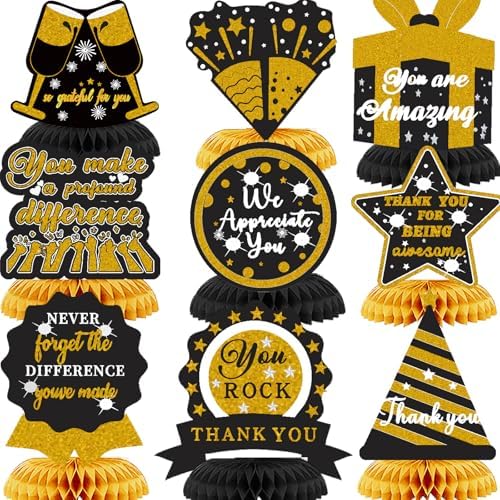 9PCS We Appreciate You Honeycomb Centerpieces Black Gold Glitter Thank You Table Topper Decor Teacher Doctor Nurse Employee Staff Graduation Appreciation Party Decorations for Men Women by Unknown