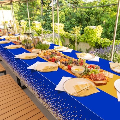 3Pcs Blue and Gold Tablecloth Party Decorations,Plastic Royal Blue Table Cloth Printed Gold Tables Runner Disposable Rectangle Table Cover for Birthday Anniversary Wedding Graduation Party,54 x108Inch - Image 7