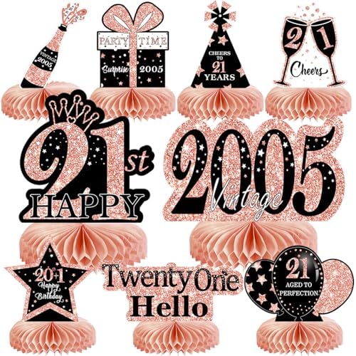 9Pcs Rose Gold Pink 21st Birthday Decorations Honeycomb Centerpieces for Girls,Happy 21st Birthday Centerpieces Tables Toppers Party Decorations Supplies,Vintage 2005 Aged Table Sign Decor by MOORAY