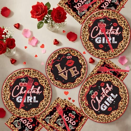Cheetah Print Birthday Decorations - 96 Pcs Cheetah and Cherry Party Plates Napkins Forks Tableware Set, Red Leopard Print Supplies for Women Birthday Party Serves 24 - Image 6
