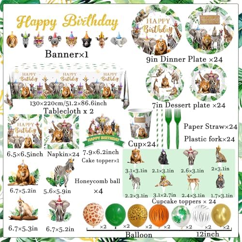 Safari Themed Party Decorations Tableware,198pcs Jungle Plates and Napkins for Party,animal Birthday Party Tablecloth Cups Cake Toppers Balloons for Zoo Party Decorations - Image 6