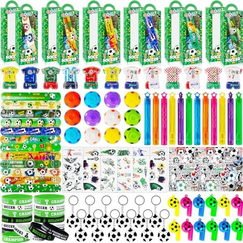 208Pcs Soccer Party Favors for Kids Boys, 12 Guests Goodie Bag Fillers with Rotatable Finger Stress Toys Whistles Bracelet Keychain Sticker for Birthday Party, Classroom Rewards & Return Gifts by We1stdsee