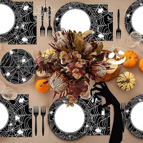 50 Guests Halloween Spider Web Plates and Napkins Party Supplies Spiderweb Party Decorations Disposable Tableware Black and White Halloween Dinnerware Favor for Get Together Celebration, 200PCS - Image 6