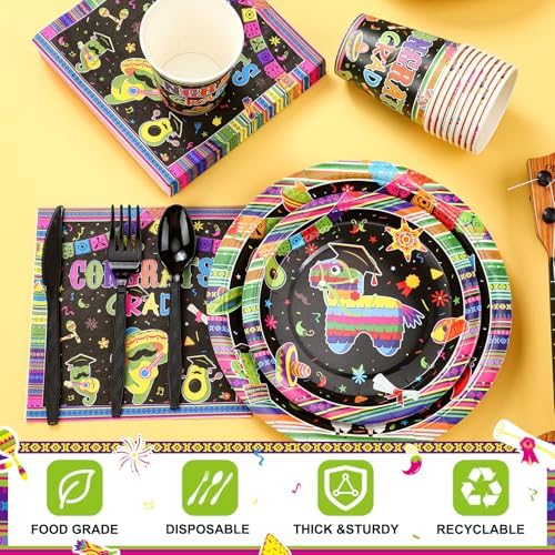 Yungyan 252 Pcs Mexican Graduation Fiesta Party Tableware Set Mexican Graduate Plates Napkins Cups Forks Knives Spoons for Mexico Graduate Party Decorations Supplies 36 Guests - Image 3