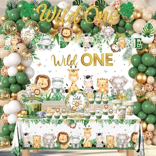 Wild Birthday Decorations,Safari Birthday Decorations 277Pcs Wild Plates and Napkin Sets Banner Backdrop Tablecloth Cake Topper Balloon Garland for Jungle 1st birthday Decorations - Image 4