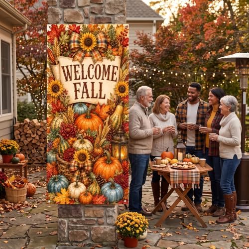 Fall Door Banner 35x71 Inch Welcome Fall Vertical Front Door Cover Pumpkins Sunflowers Maple Leaves Wheat Harvest Hanging Flag for Autumn Porch Yard Wall Farmhouse Thanksgiving Home Outdoor Decor - Image 6