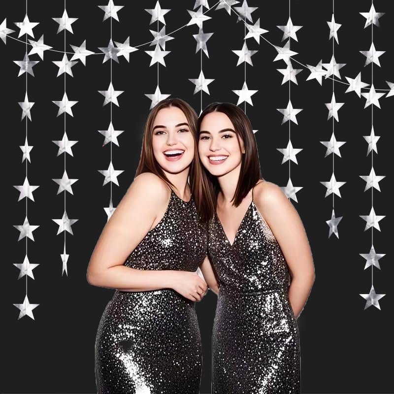 Silver Shining Star Hanging Garland Silver Hanging Sparkling Star Streamer Glitter Bunting Banner Twinkle Backdrop for Wedding Baby Shower Birthday Christmas Decorations 40 Feet - Image 4