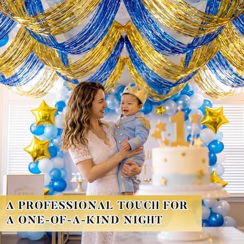 Breling 4 Pcs Blue Gold Ceiling Fringe Curtains, Foil Drapes, 15 ft - Image 6