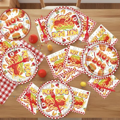 Hot Dog Party Decorations - 96 Pcs Hot Dog Birthday Plates Napkins Forks Tableware Set, Fast Food Hotdog Dinnerware Set for Adults Kids Picnic Sausage BBQ Serves 24 - Image 6