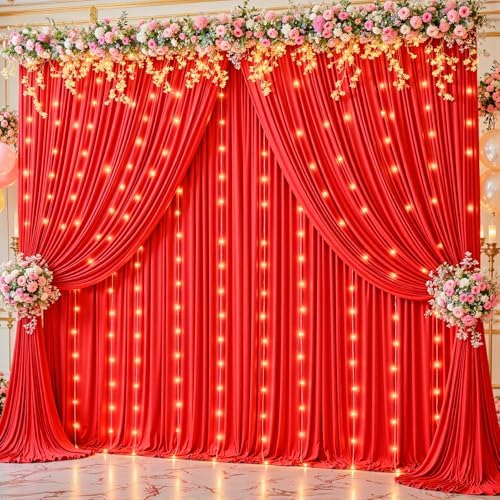 10 x 10ft Red Backdrop Curtains with Lights String for Party - Image 2