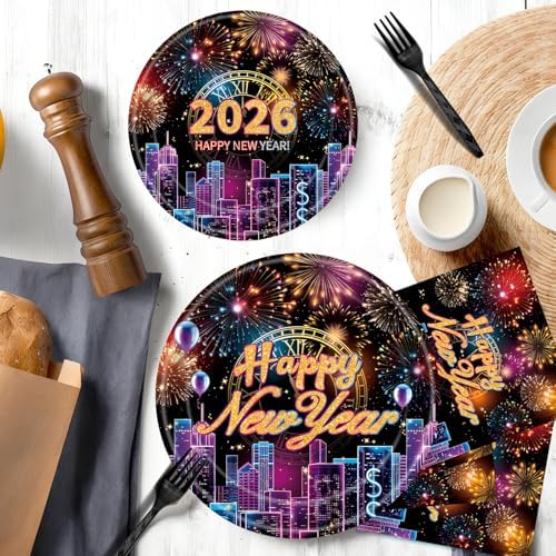 96 Pieces Happy New Year 2026 Tableware Set – Fireworks and City Night Skyline Disposable Plates, Napkins, and Forks for New Year’s Eve Parties, Countdown Celebrations – Serves 24 Guests - Image 4
