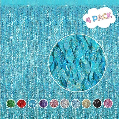 4 Pack Teal Aqua Blue Wavy Foil Fringe Curtains Party Decorations - 3.3 ft x 6.6 ft Sparkle Streamer Tinsel Curtain Party Photo Backdrops for Birthday Party Christmas Graduation Decoration - Image 2