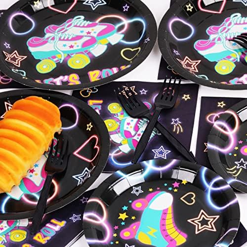 96pcs Roller Skating Party Supplies Tableware Set Retro Roller Skate Party Paper Plates Napkins Set Favors for Boys Girls Teens Birthday Dinnerware Decorations, Serve 24 - Image 5