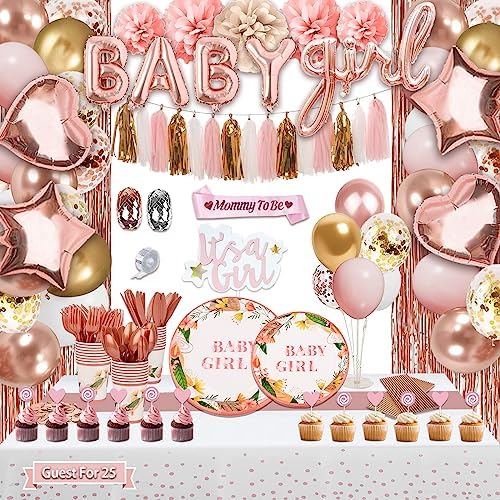 Guudmua 303 Pcs Baby Shower Decorations For Girl, Girl Baby Shower Decorations Kits - Disposable Dinnerware Set With Pink Rose Gold Floral (25 Guest), "BABY girl" Banner, Balloon, Sash, Cake Topper by Guudmua