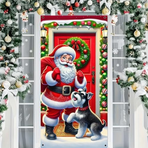 BlissYard Christmas Door Cover Santa Schnauzer 35x71 Inch Polyester - Image 4