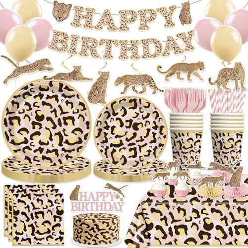 Cocomigo Pink and Cheetah Birthday Decorations, Leopard Party Tableware by cocomigoPartyHome
