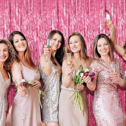 5 Pack Foil Curtain Backdrop Pink Metallic Tinsel Foil Fringe Curtains Photo Booth Props for Birthday Wedding Engagement Baby Shower Bachelorette Christmas Holiday Celebration Party Decorations - Image 2