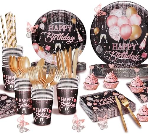 Black Pink Birthday Decorations For Women ,Rose Gold and Black Party Decorations Kit,Happy Birthday Supplies Set-Tableware Pack, Balloon Pump, Banner, Fringe Curtain For 12 Guest - Image 5