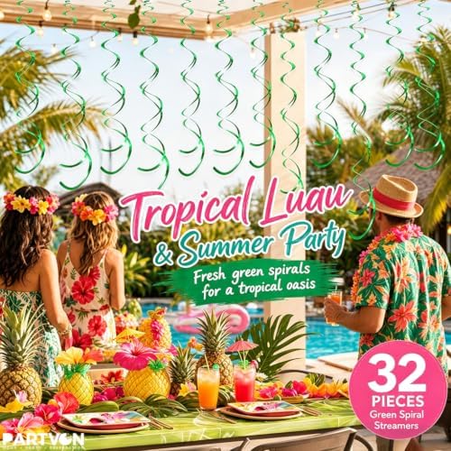 32 PCS Green Hanging Swirl, Sparkle Ceiling Hanging Decorations, Plastic Streamer Party Decorations for Birthday, St Patrick's Day, Jungle Theme, Easter, Nature Party - Image 2