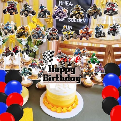 59 Pcs Four Wheeler ATV Quad Bike Birthday Party Supplies, Quad Bike Themed Party Decoration Dirt Bike Backdrop Balloons Cake Cupcake Topper for Four Wheeler ATV Quad Bike Themed Party Decor - Image 6