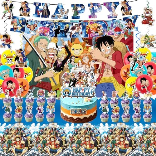 46PCS One Piece Birthday Party Supplies:Luffy Banner, Cake Topper, Tablecloth, Backdrop, Cupcake Toppers, Balloons, Aluminum Balloons by KROCEUS
