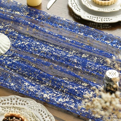 Artoid Mode 6PCS Blue Gold Gauze Table Runner 120 Inch 10FT, Glitter Metallic Foil Sheer Dining Wedding Anniversary Holiday Table Decor for Home Party - Image 6