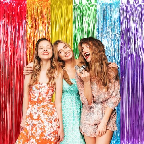 GOER 6.5 ft x 8.2 ft Metallic Tinsel Foil Fringe Curtains,Pack of 2 Party Streamer Backdrop for Birthday,Graduation Decorations and New Year Eve (Rainbow Colors) - Image 5