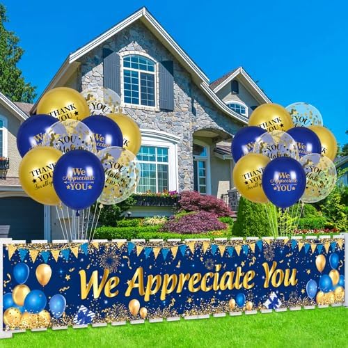 We Appreciate You Decorations Blue Gold Appreciate You Banner Yard Sign with 18 Pcs Balloons Thank You for All You Do Banner Employee Staff Appreciation Gifts Teacher Doctor Appreciation Party Decor - Image 7