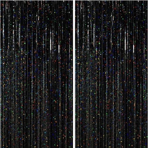 2Pack Black Party Backdrop, Black Party Decorations Foil Fringe Curtains by UWPVOWSR