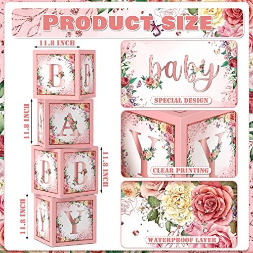 Floral Pink Baby Shower Boxes, 4 Pcs Baby Blocks with Letters - Image 2